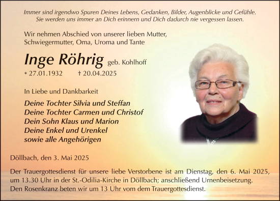 Traueranzeige von Inge Röhrig von FZ