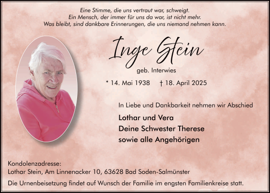 Traueranzeige von Inge Stein von FZ