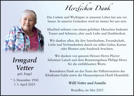 Traueranzeige von Irmgard Vetter von FZ