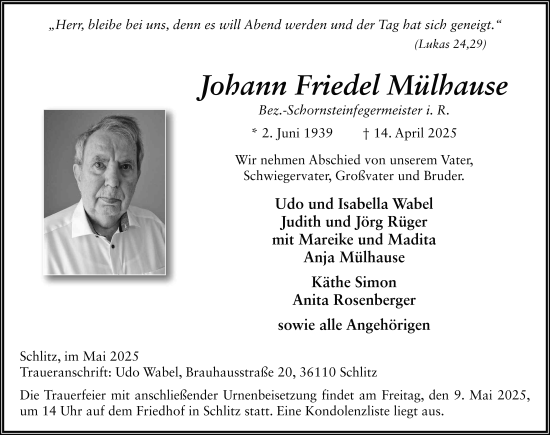 Traueranzeige von Johann Friedel Mülhause von FZ