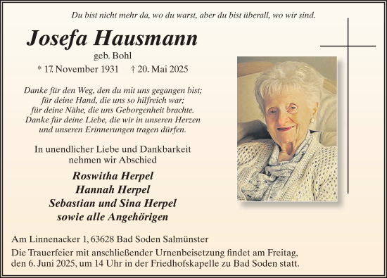 Traueranzeige von Josefa Hausmann von FZ