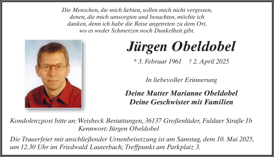 Traueranzeige von Jürgen Obeldobel von FZ