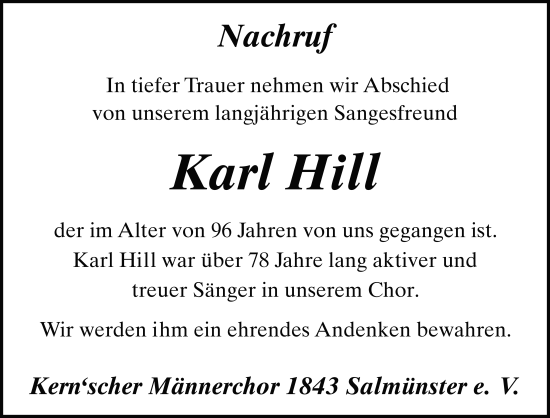 Traueranzeige von Karl Hill von FZ