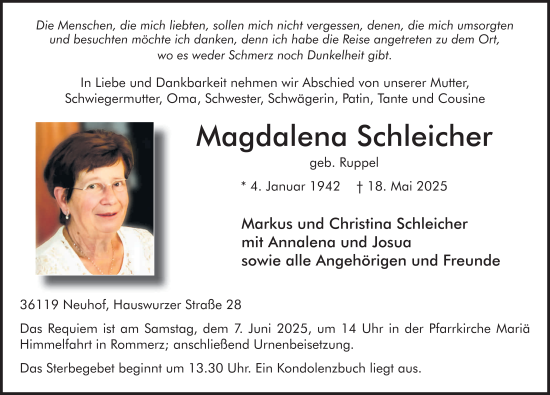 Traueranzeige von Magdalena Schleicher von FZ