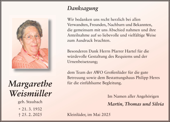 Traueranzeige von Margarethe Weismüller von FZ