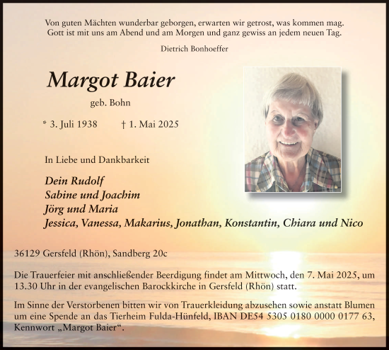 Traueranzeige von Margot Baier von FZ