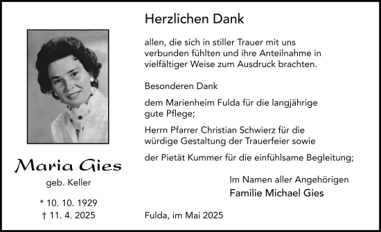 Traueranzeige von Maria Gies von FZ