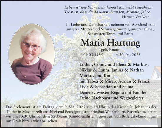 Traueranzeige von Maria Hartung von FZ