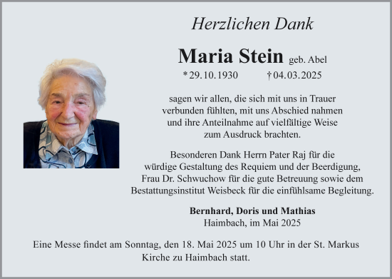 Traueranzeige von Maria STein von FZ