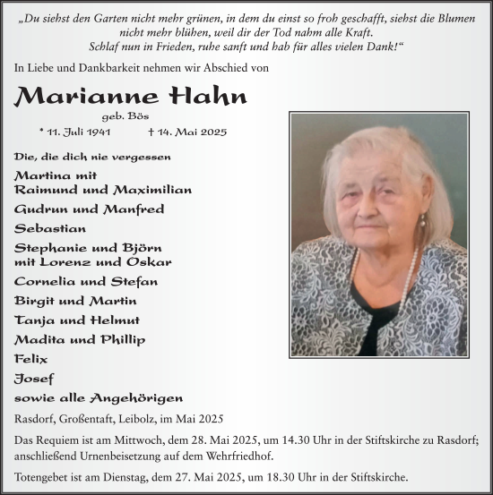 Traueranzeige von Marianne Hahn von FZ