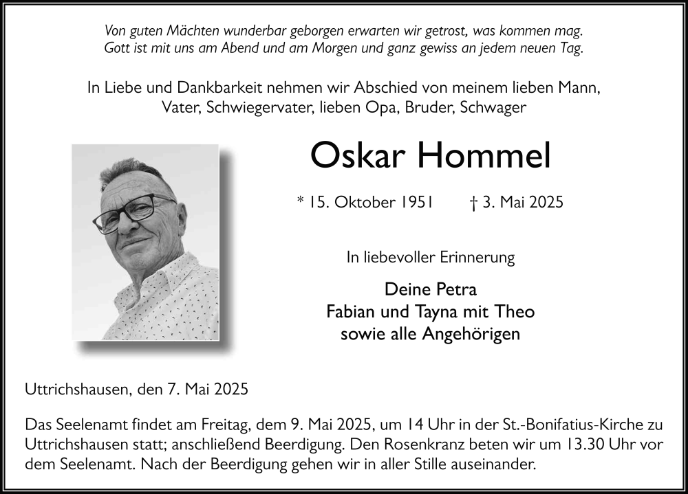  Traueranzeige für Oskar Hommel vom 07.05.2025 aus FZ