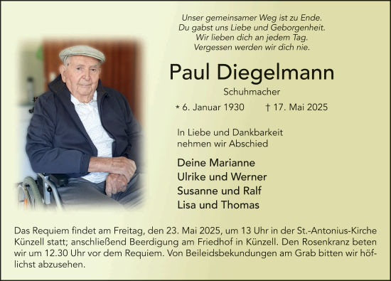 Traueranzeige von Paul Diegelmann von FZ
