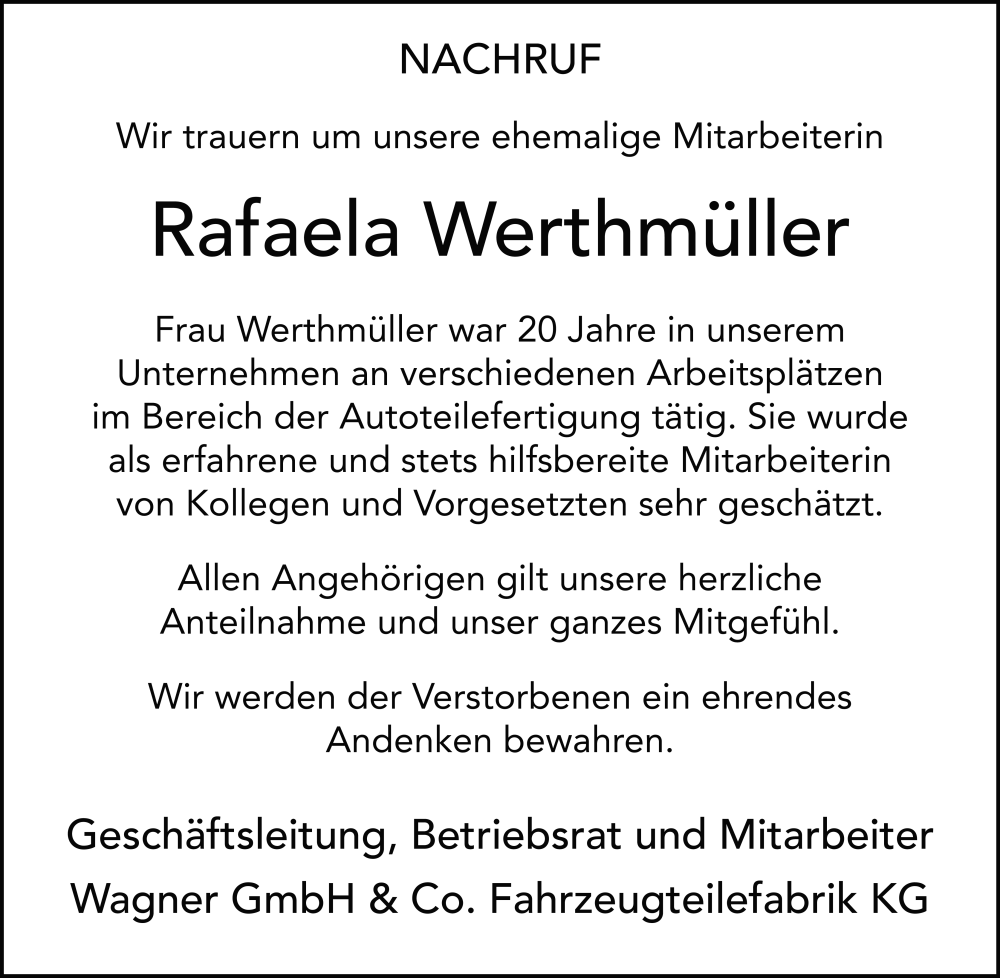  Traueranzeige für Rafaela Werthmüller vom 10.05.2025 aus FZ