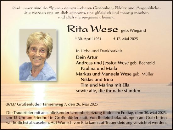 Traueranzeige von Rita Wese von FZ