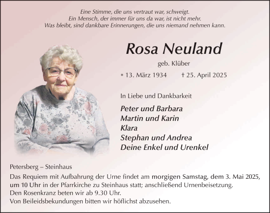 Traueranzeige von Rosa Neuland von FZ
