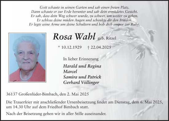 Traueranzeige von Rosa Wahl von FZ