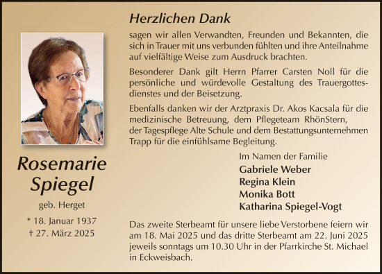 Traueranzeige von Rosemarie Spiegel von FZ