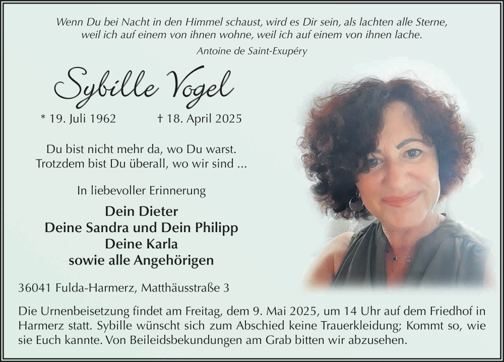  Traueranzeige für Sybille Vogel vom 05.05.2025 aus FZ
