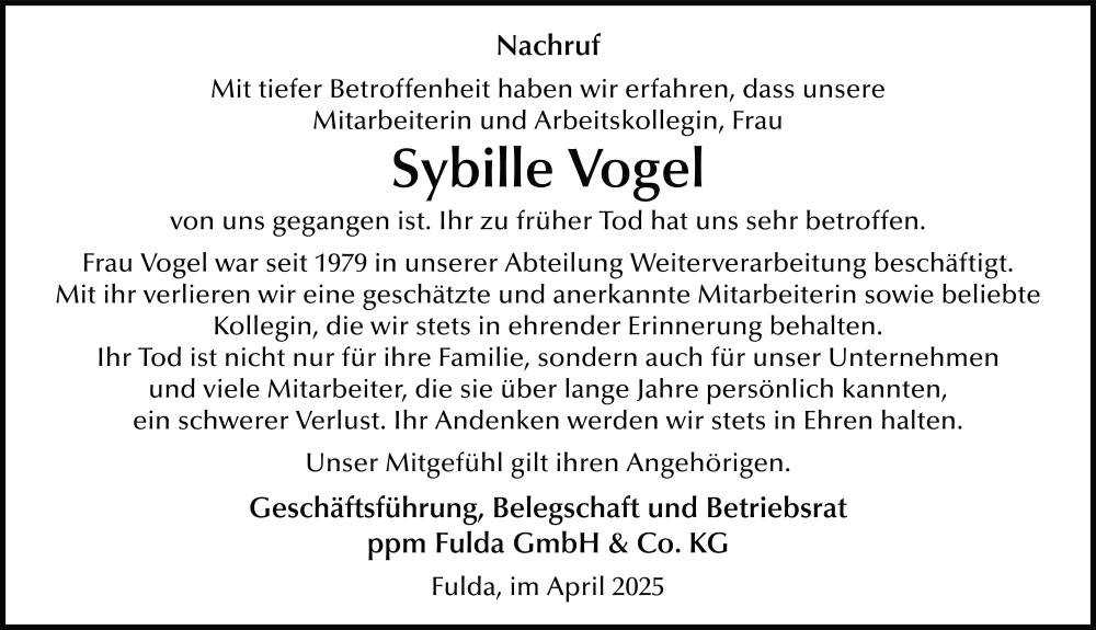  Traueranzeige für Sybille Vogel vom 05.05.2025 aus FZ