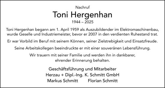 Traueranzeige von Toni Herganhan von FZ