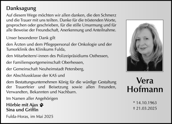 Traueranzeige von Vera Hofmann von FZ