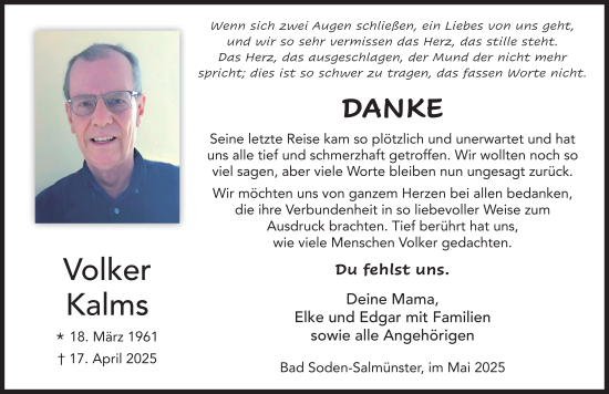 Traueranzeige von Volker Kalms von FZ