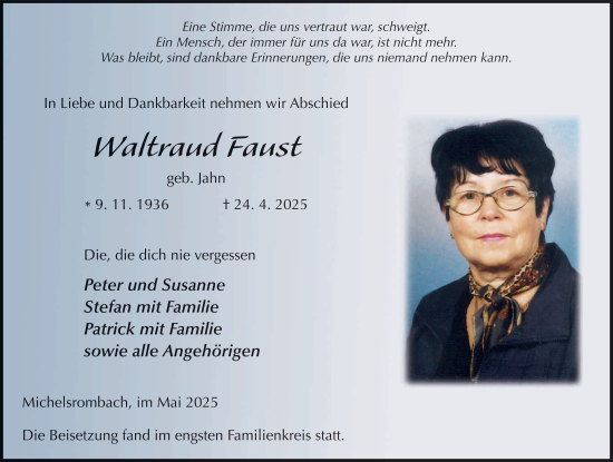 Traueranzeige von Waltraud Faust von FZ