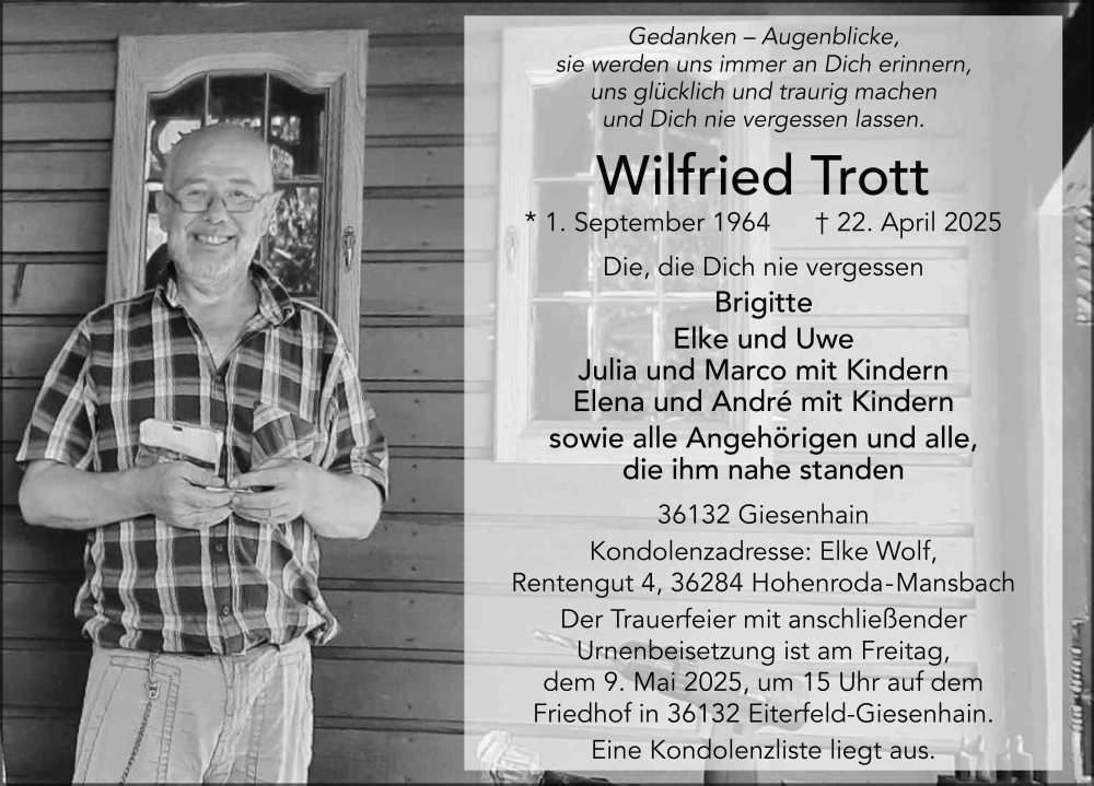  Traueranzeige für Wilfried Trott vom 06.05.2025 aus FZ