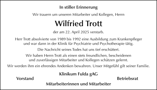 Traueranzeige von Wilfried Trott von FZ