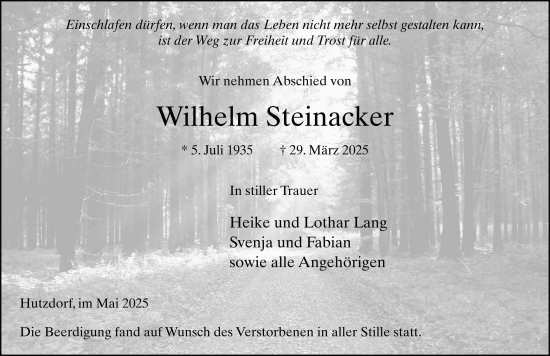 Traueranzeige von Wilhelm Steinacker von FZ