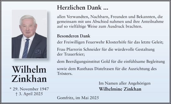 Traueranzeige von Wilhelm Zinkhan von FZ