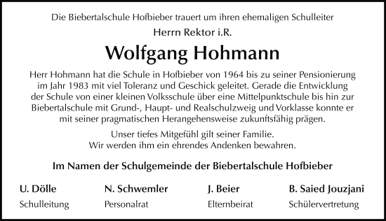 Traueranzeige von Wolfgang Hohmann von FZ