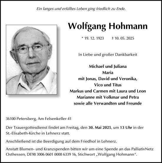 Traueranzeige von Wolfgang Hohmann von FZ
