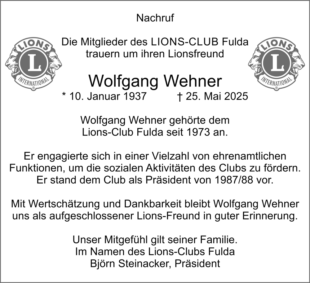  Traueranzeige für Wolfgang Wehner vom 28.05.2025 aus FZ