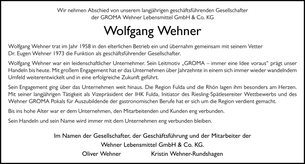  Traueranzeige für Wolfgang Wehner vom 28.05.2025 aus FZ