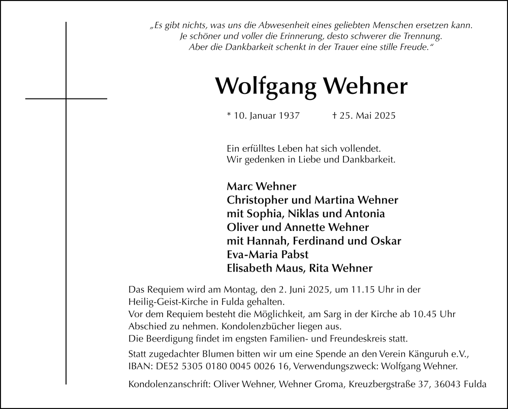  Traueranzeige für Wolfgang Wehner vom 28.05.2025 aus FZ