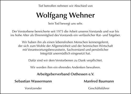Traueranzeige von Wolfgang Wehner von FZ