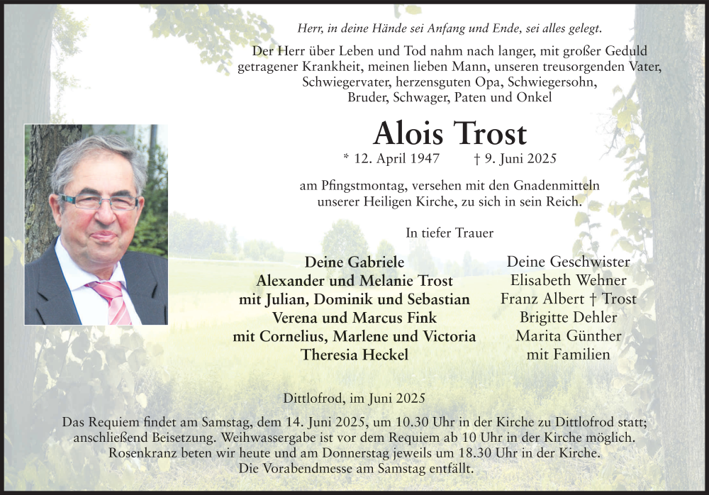  Traueranzeige für Alois Trost vom 11.06.2025 aus FZ