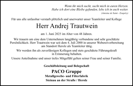 Traueranzeige von Andrej Trautwein von FZ
