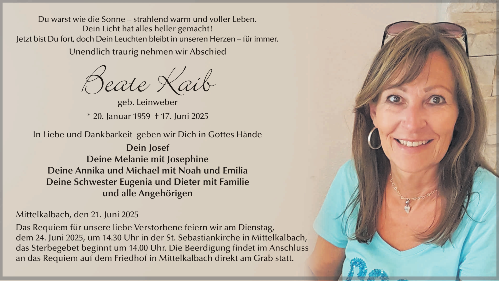  Traueranzeige für Beate Kaib vom 21.06.2025 aus FZ