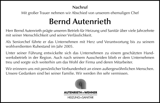 Traueranzeige von Bernd Autenrieth von FZ
