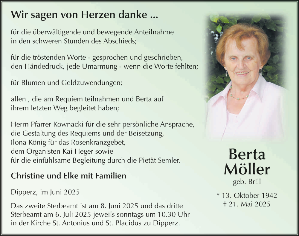 Traueranzeige für Berta Möller vom 07.06.2025 aus FZ