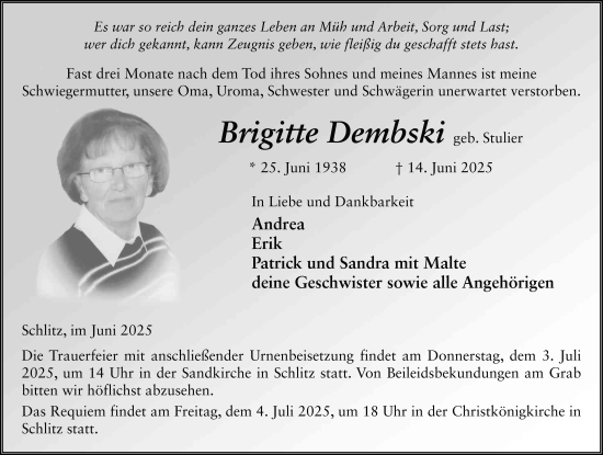 Traueranzeige von Brigitte Dembski von FZ