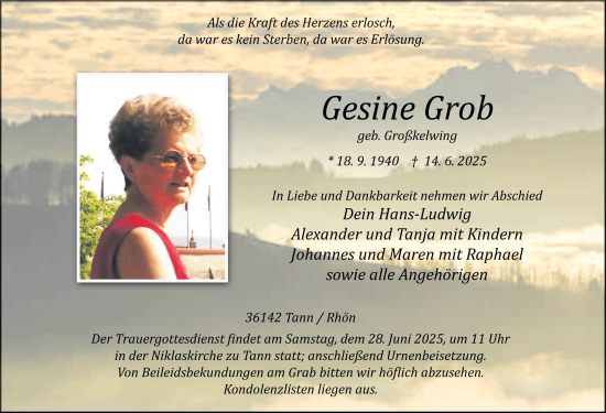 Traueranzeige von Cesine Grob von FZ