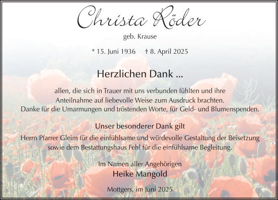 Traueranzeige von Christa Röder von FZ