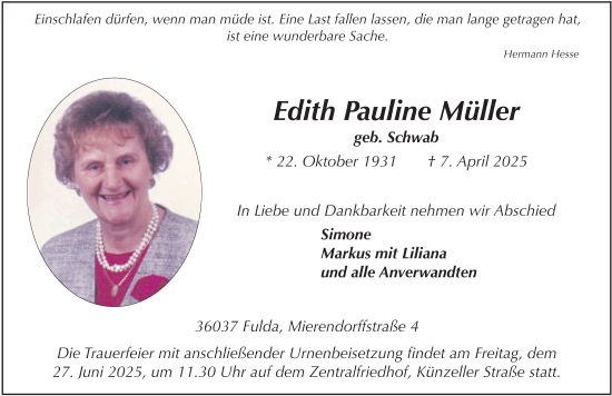 Traueranzeige von Edith Pauline Müller von FZ