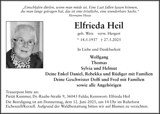 Traueranzeige von Elfrieda Heil von FZ