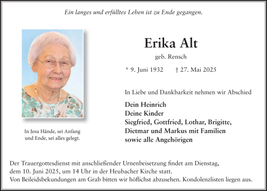 Traueranzeige von Erika Alt von FZ