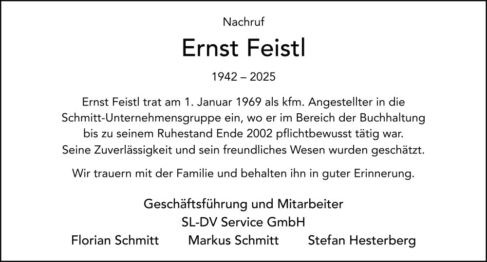  Traueranzeige für Ernst Feistl vom 21.06.2025 aus FZ