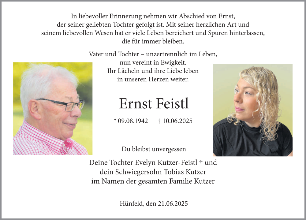  Traueranzeige für Ernst Feistl vom 21.06.2025 aus FZ